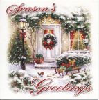 Складная открытка. Seasons Greetings. Дверь, фонарь, санки, окно